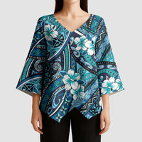 Polynesian Hibiscus Tropical Blue Floral Kimono Sleeve Blouse Tribal Pattern - Polynesian Pride