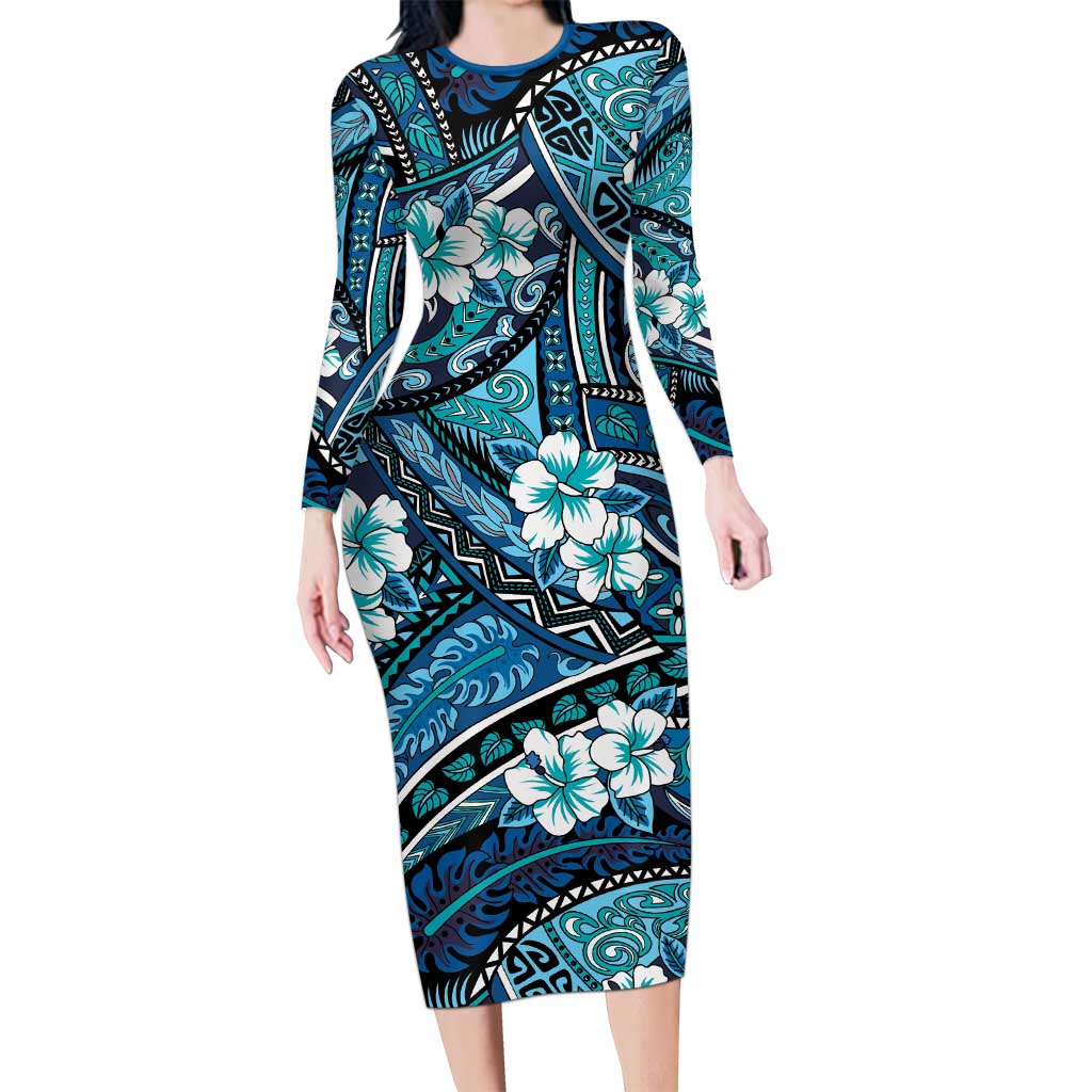 Polynesian Hibiscus Tropical Blue Floral Long Sleeve Bodycon Dress Tribal Pattern - Polynesian Pride