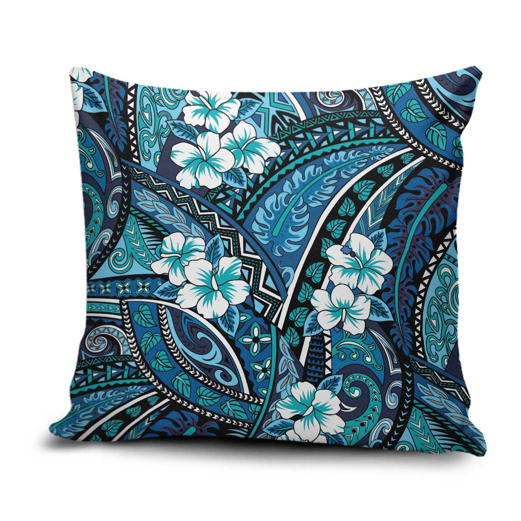Polynesian Hibiscus Tropical Blue Floral Pillow Cover Tribal Pattern - Polynesian Pride