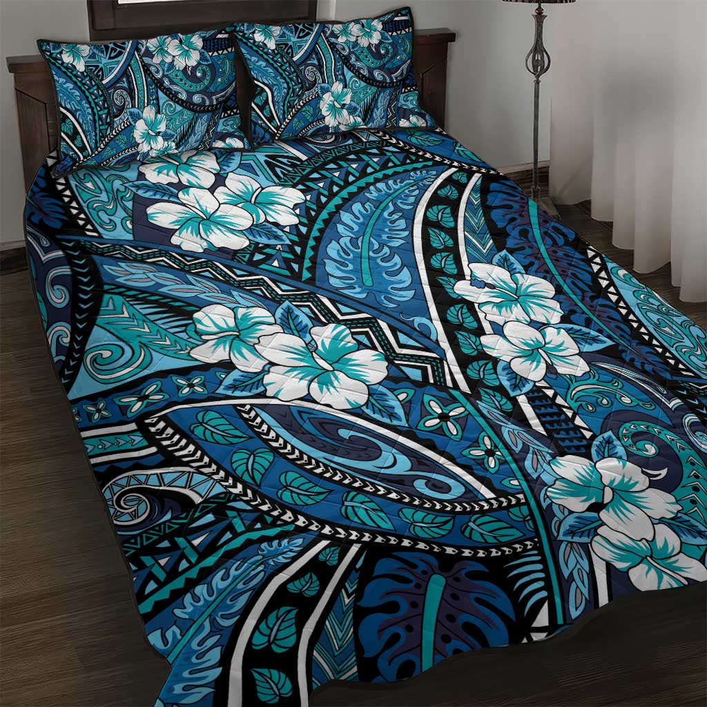 Polynesian Hibiscus Tropical Blue Floral Quilt Bed Set Tribal Pattern - Polynesian Pride
