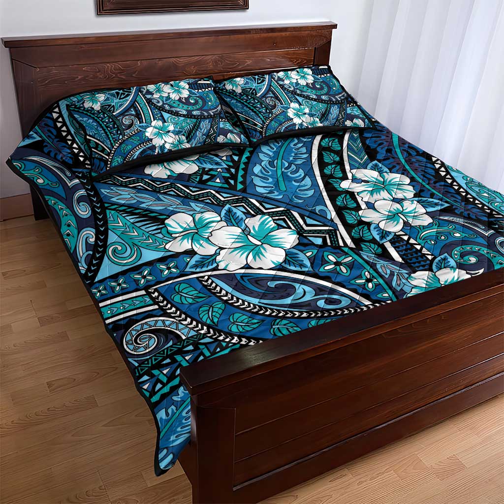 Polynesian Hibiscus Tropical Blue Floral Quilt Bed Set Tribal Pattern - Polynesian Pride