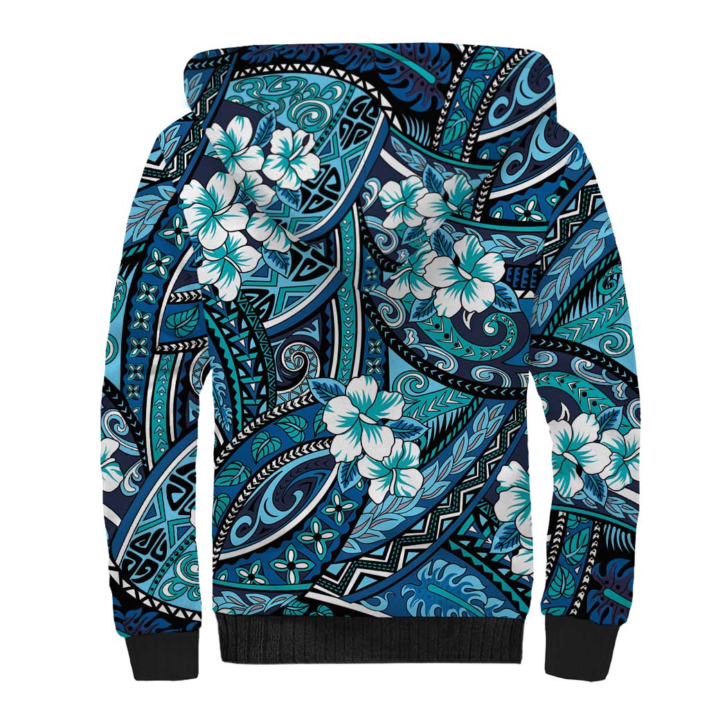 Polynesian Hibiscus Tropical Blue Floral Sherpa Hoodie Tribal Pattern - Polynesian Pride