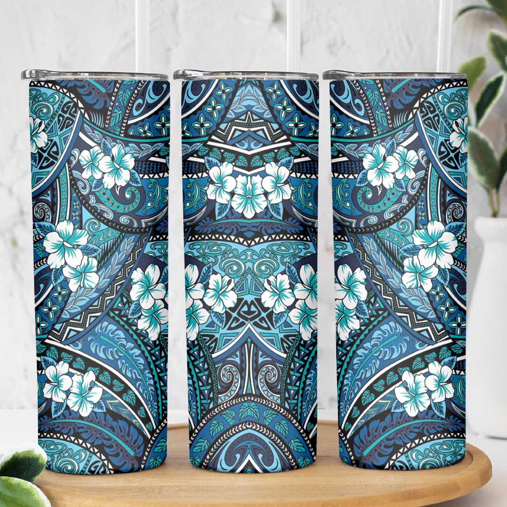 Polynesian Hibiscus Tropical Blue Floral Skinny Tumbler Tribal Pattern - Polynesian Pride
