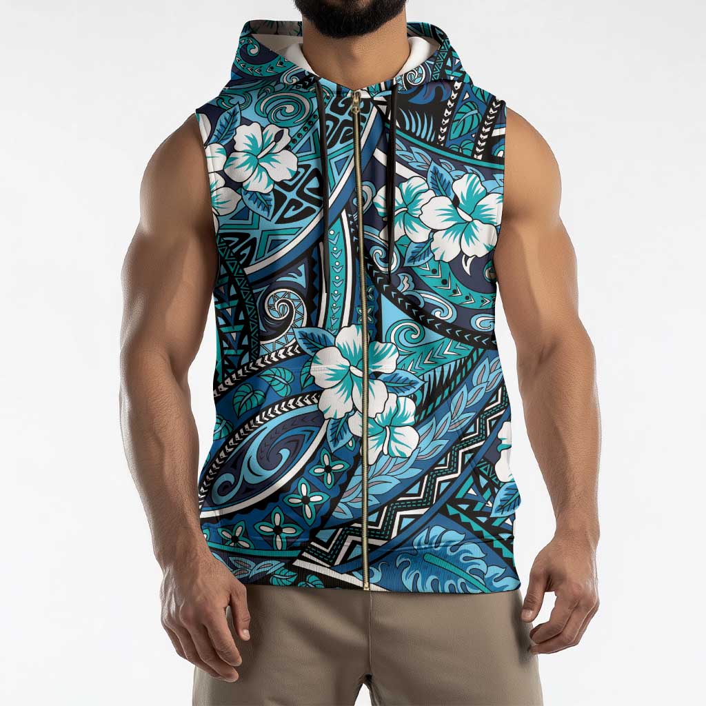 Polynesian Hibiscus Tropical Blue Floral Sleeveless Zip Hoodie Tribal Pattern - Polynesian Pride