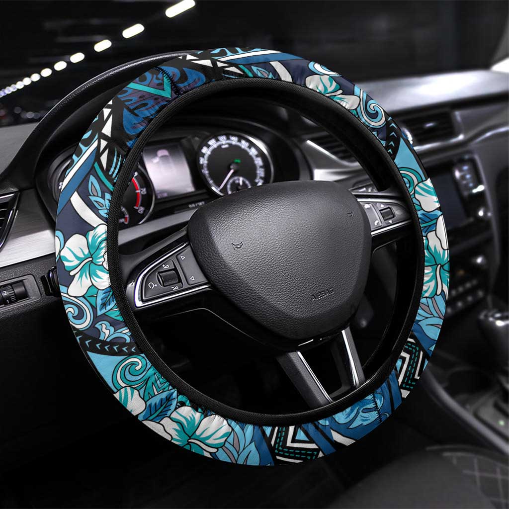Polynesian Hibiscus Tropical Blue Floral Steering Wheel Cover Tribal Pattern - Polynesian Pride