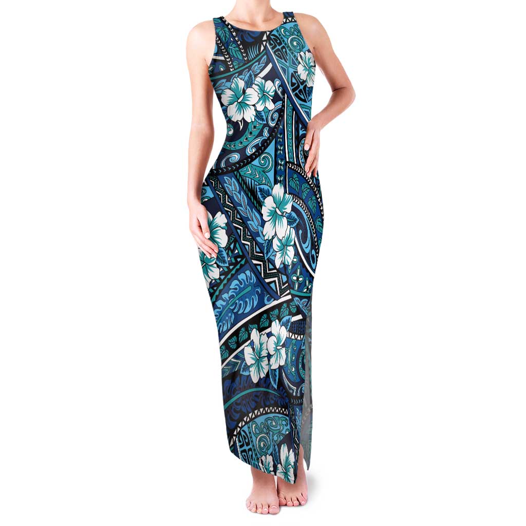 Polynesian Hibiscus Tropical Blue Floral Tank Maxi Dress Tribal Pattern - Polynesian Pride
