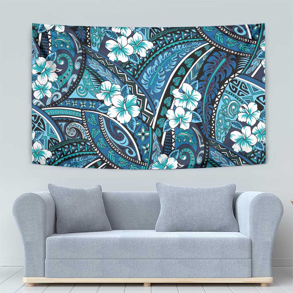 Polynesian Hibiscus Tropical Blue Floral Tapestry Tribal Pattern - Polynesian Pride