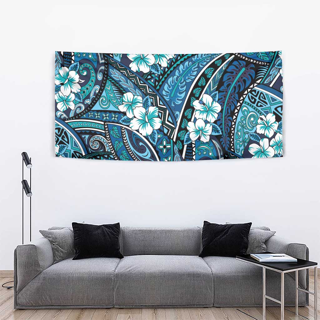 Polynesian Hibiscus Tropical Blue Floral Tapestry Tribal Pattern - Polynesian Pride