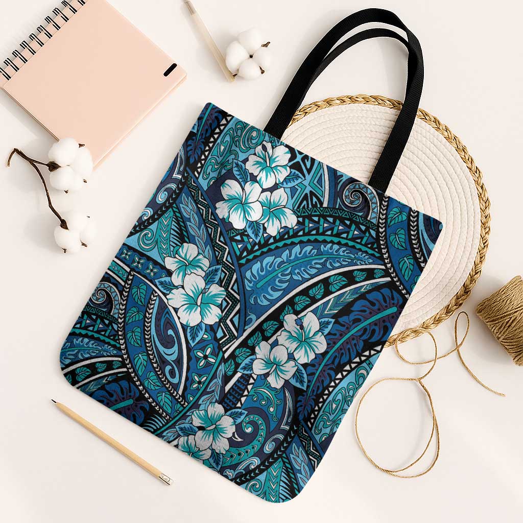 Polynesian Hibiscus Tropical Blue Floral Tote Bag Tribal Pattern - Polynesian Pride