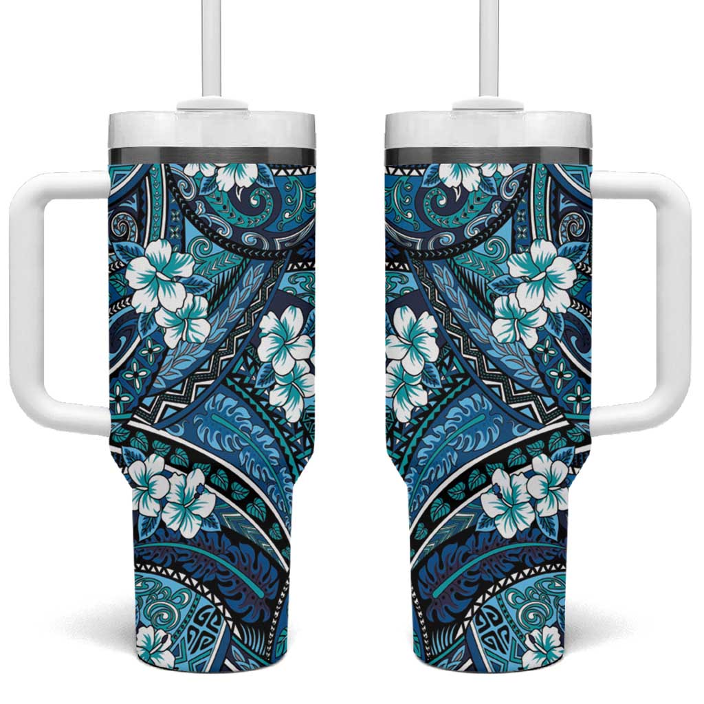 Polynesian Hibiscus Tropical Blue Floral Tumbler With Handle Tribal Pattern - Polynesian Pride