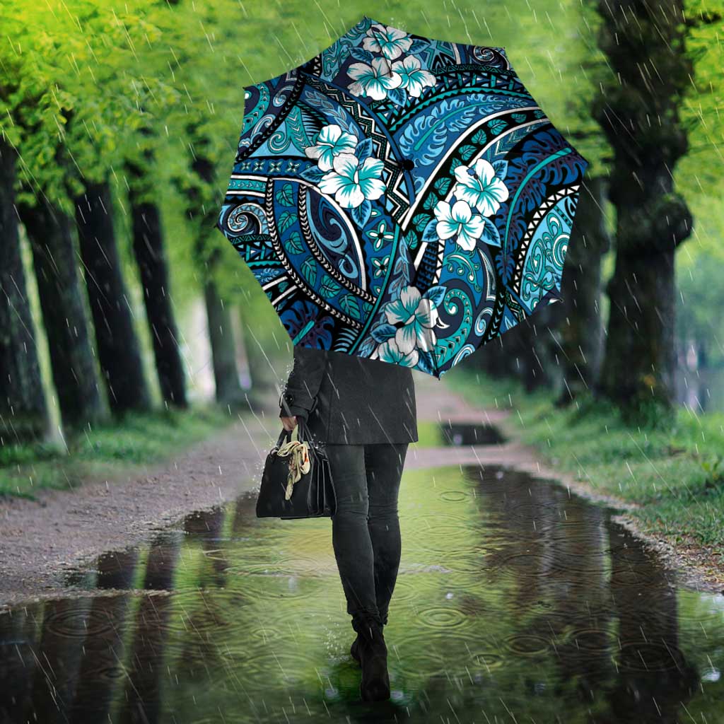 Polynesian Hibiscus Tropical Blue Floral Umbrella Tribal Pattern - Polynesian Pride