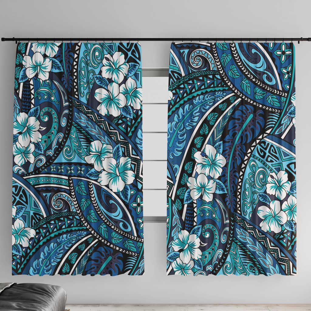 Polynesian Hibiscus Tropical Blue Floral Window Curtain Tribal Pattern - Polynesian Pride