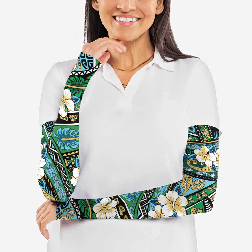 Polynesian Hibiscus Tropical Green Floral Arm Sleeves Tribal Pattern - Polynesian Pride