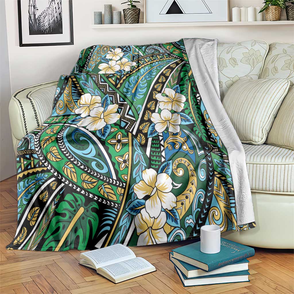 Polynesian Hibiscus Tropical Green Floral Blanket Tribal Pattern - Polynesian Pride