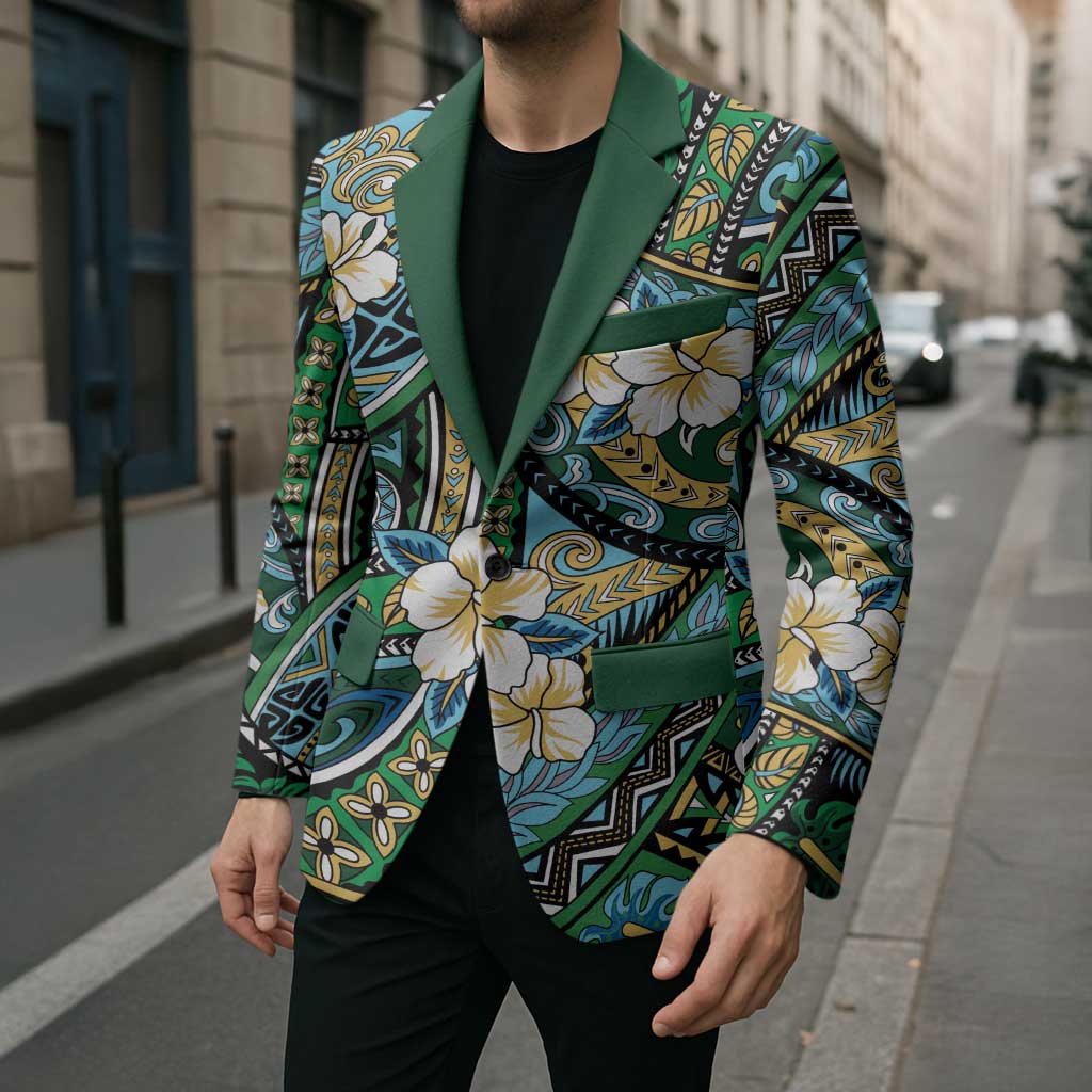 Polynesian Hibiscus Tropical Green Floral Blazer Tribal Pattern - Polynesian Pride