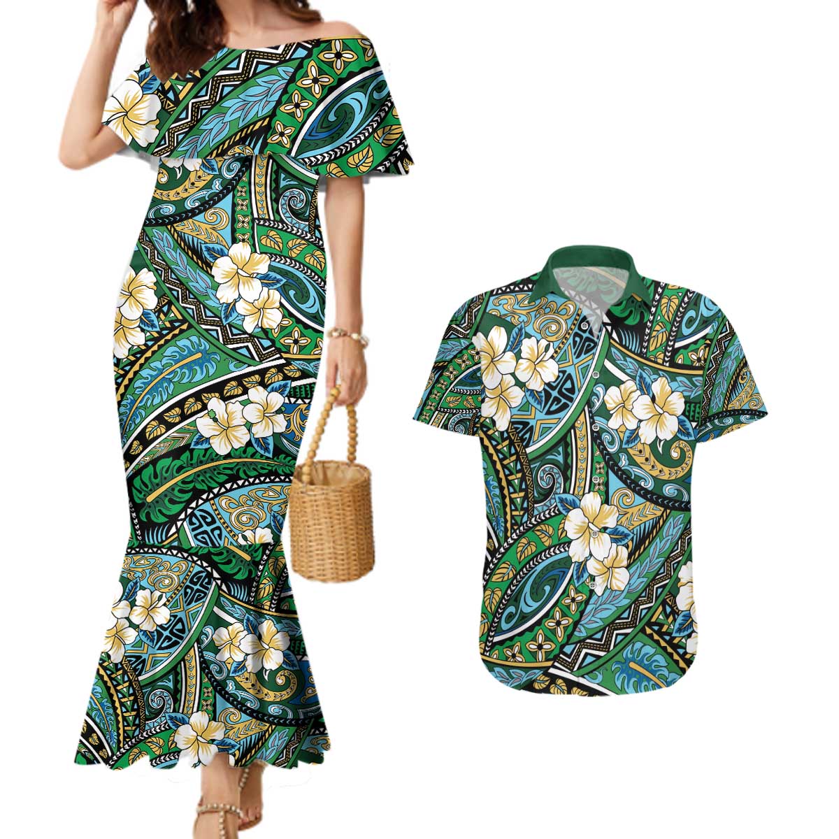 Polynesian Hibiscus Tropical Green Floral Couples Matching Mermaid Dress and Hawaiian Shirt Tribal Pattern - Polynesian Pride