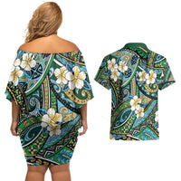 Polynesian Hibiscus Tropical Green Floral Couples Matching Off Shoulder Short Dress and Hawaiian Shirt Tribal Pattern - Polynesian Pride