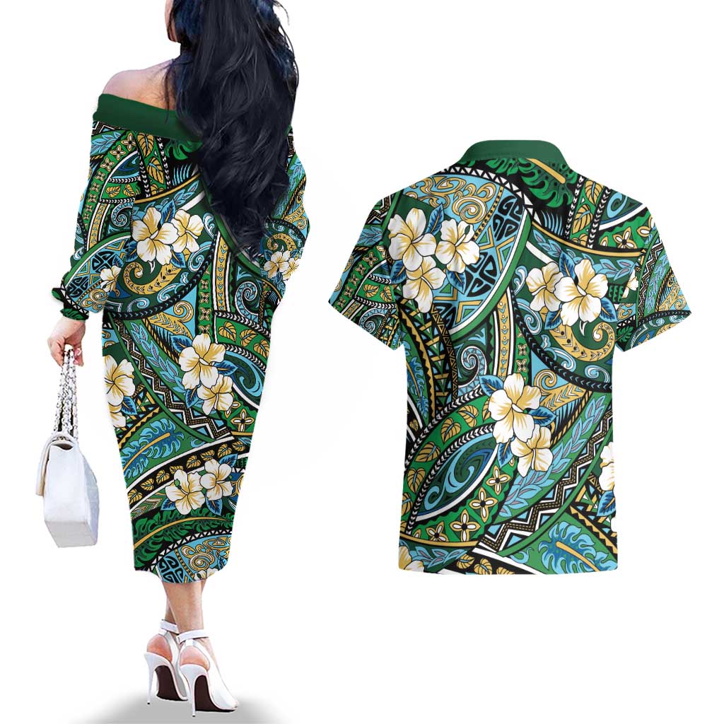 Polynesian Hibiscus Tropical Green Floral Couples Matching Off The Shoulder Long Sleeve Dress and Hawaiian Shirt Tribal Pattern - Polynesian Pride