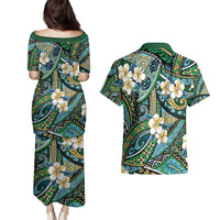 Polynesian Hibiscus Tropical Green Floral Couples Matching Puletasi and Hawaiian Shirt Tribal Pattern - Polynesian Pride