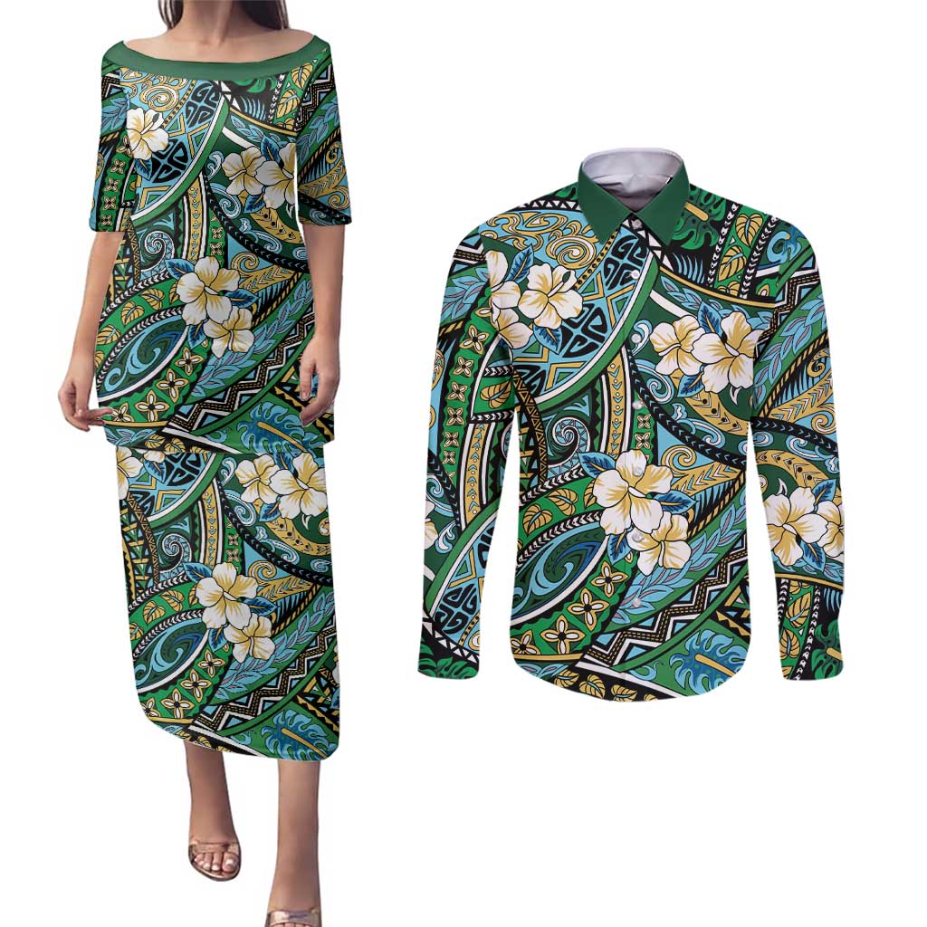 Polynesian Hibiscus Tropical Green Floral Couples Matching Puletasi and Long Sleeve Button Shirt Tribal Pattern - Polynesian Pride
