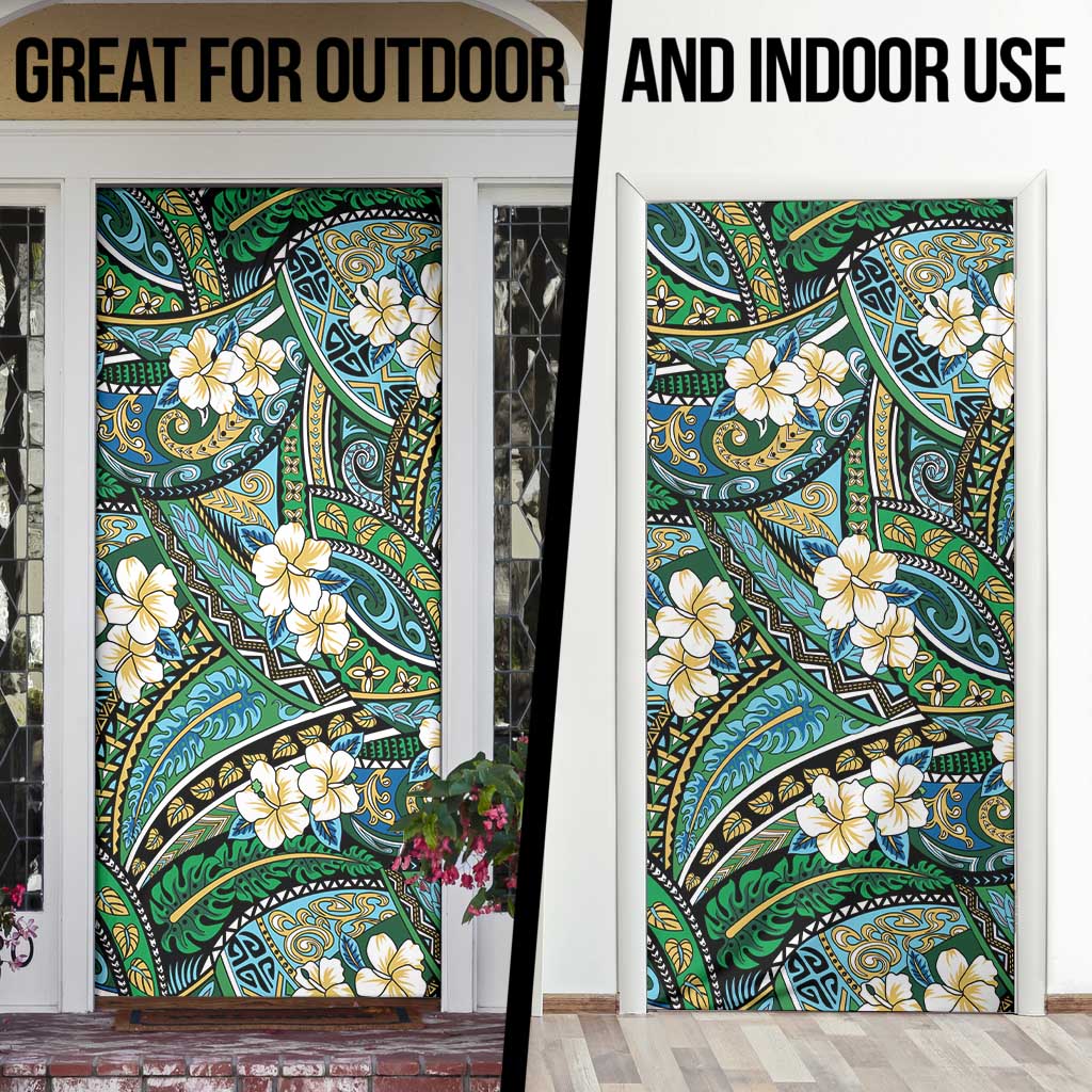 Polynesian Hibiscus Tropical Green Floral Door Cover Tribal Pattern - Polynesian Pride