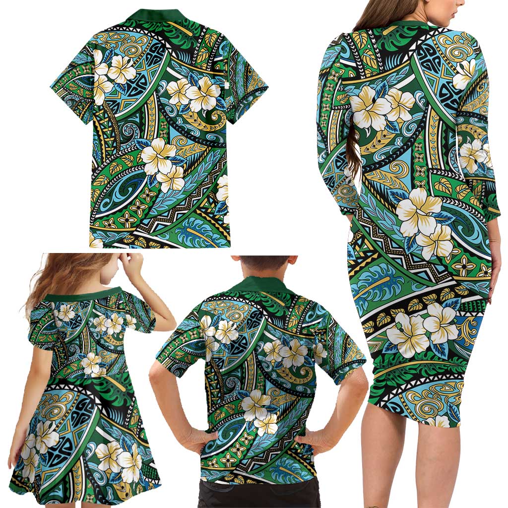 Polynesian Hibiscus Tropical Green Floral Family Matching Long Sleeve Bodycon Dress and Hawaiian Shirt Tribal Pattern - Polynesian Pride