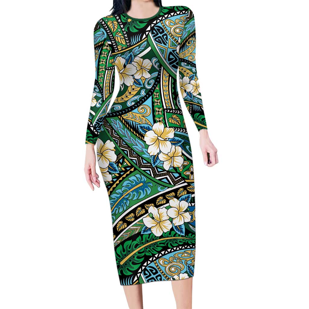 Polynesian Hibiscus Tropical Green Floral Family Matching Long Sleeve Bodycon Dress and Hawaiian Shirt Tribal Pattern - Polynesian Pride
