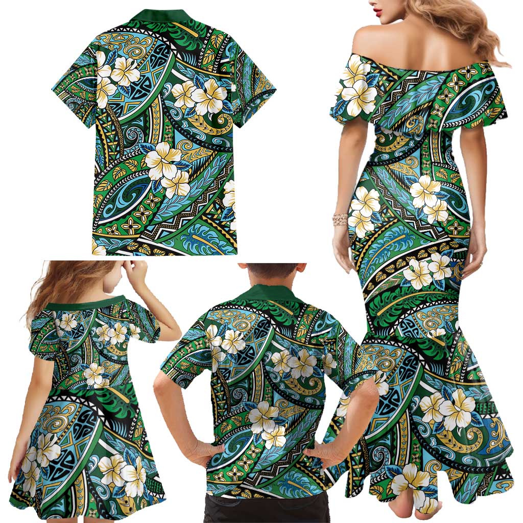 Polynesian Hibiscus Tropical Green Floral Family Matching Mermaid Dress and Hawaiian Shirt Tribal Pattern - Polynesian Pride
