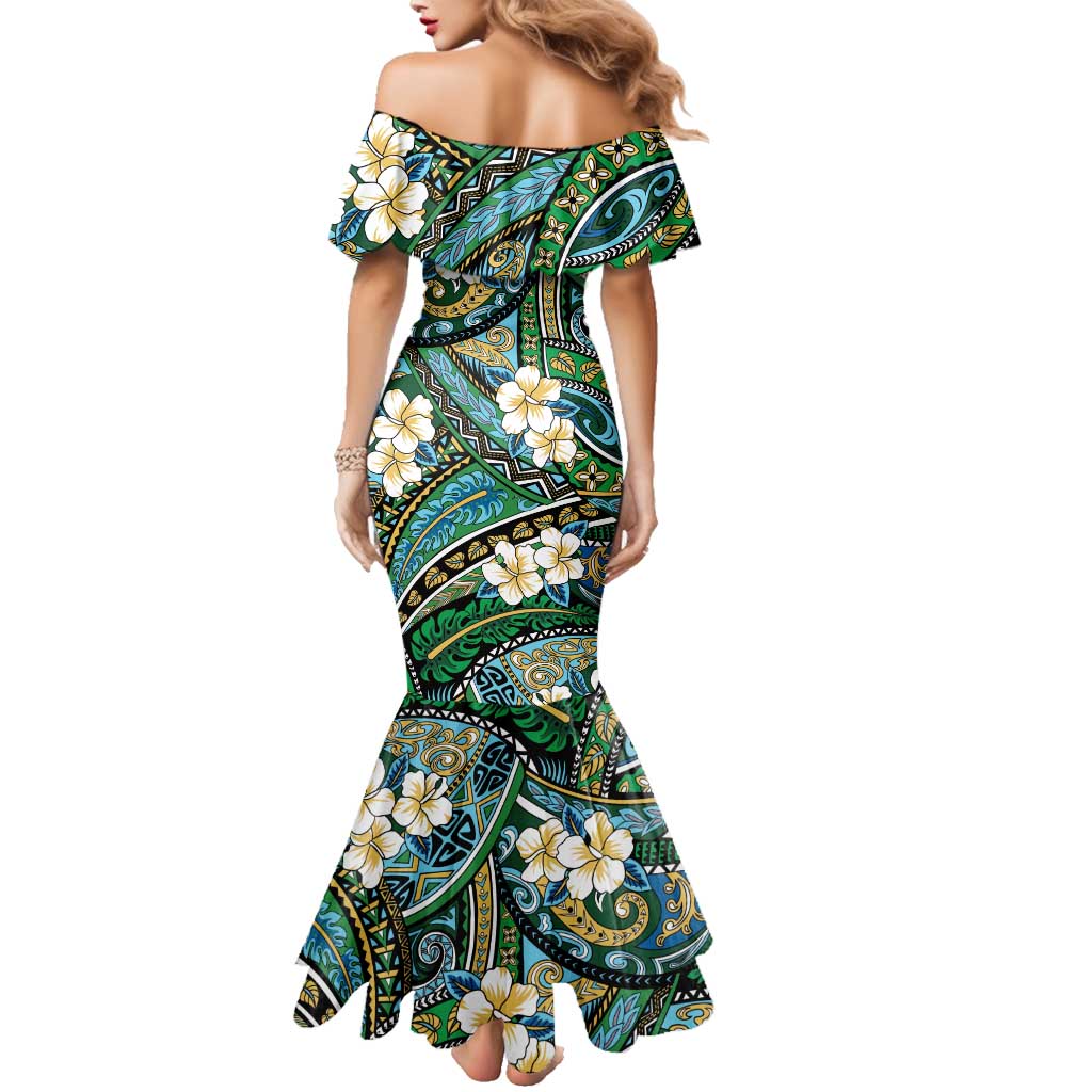 Polynesian Hibiscus Tropical Green Floral Family Matching Mermaid Dress and Hawaiian Shirt Tribal Pattern - Polynesian Pride