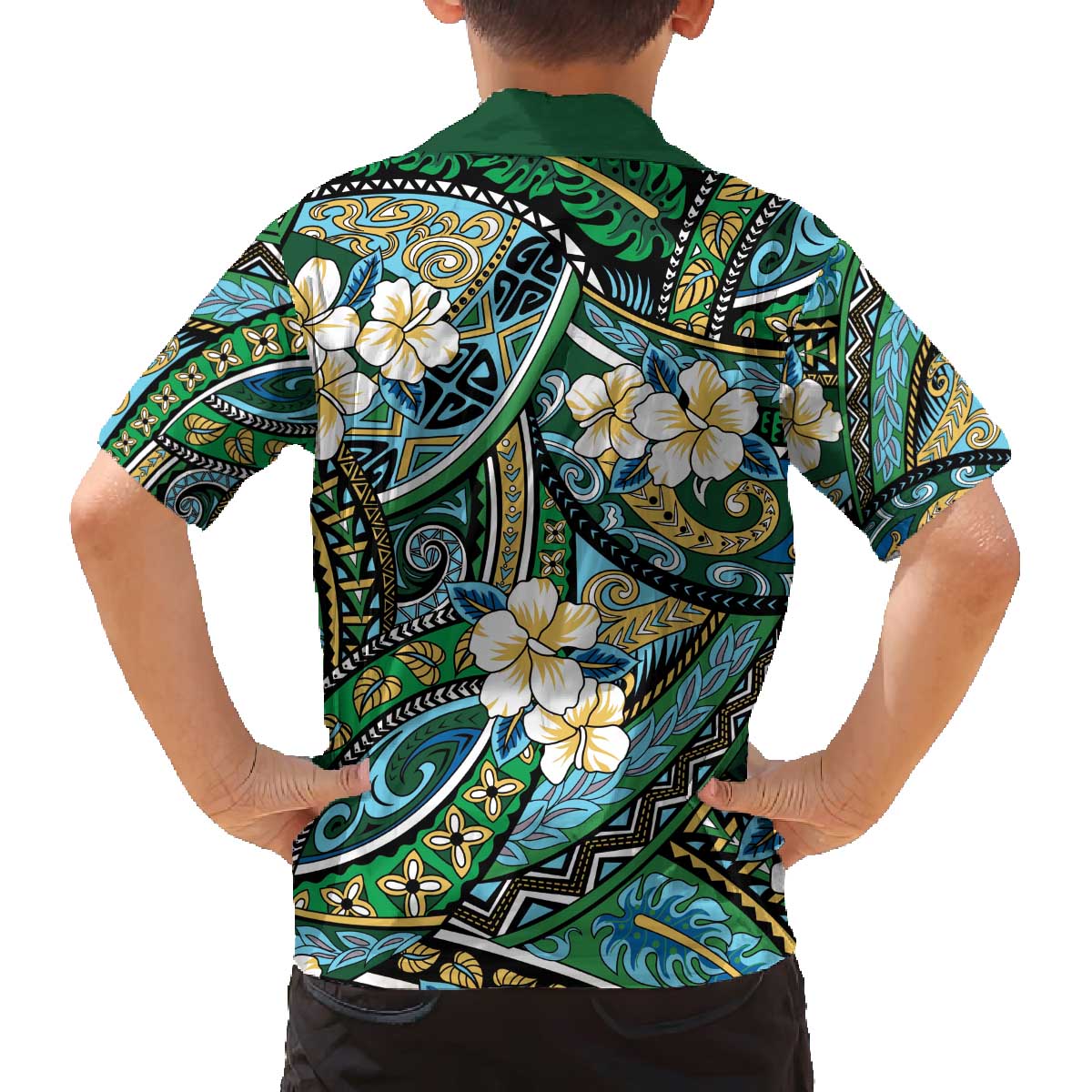 Polynesian Hibiscus Tropical Green Floral Family Matching Off The Shoulder Long Sleeve Dress and Hawaiian Shirt Tribal Pattern LT01 - Polynesian Pride