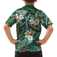 Polynesian Hibiscus Tropical Green Floral Family Matching Off The Shoulder Long Sleeve Dress and Hawaiian Shirt Tribal Pattern LT01 - Polynesian Pride