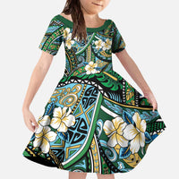 Polynesian Hibiscus Tropical Green Floral Family Matching Off The Shoulder Long Sleeve Dress and Hawaiian Shirt Tribal Pattern LT01 Daughter's Dress Green - Polynesian Pride