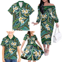 Polynesian Hibiscus Tropical Green Floral Family Matching Off The Shoulder Long Sleeve Dress and Hawaiian Shirt Tribal Pattern LT01 - Polynesian Pride