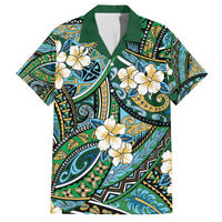 Polynesian Hibiscus Tropical Green Floral Family Matching Off The Shoulder Long Sleeve Dress and Hawaiian Shirt Tribal Pattern LT01 Dad's Shirt - Short Sleeve Green - Polynesian Pride