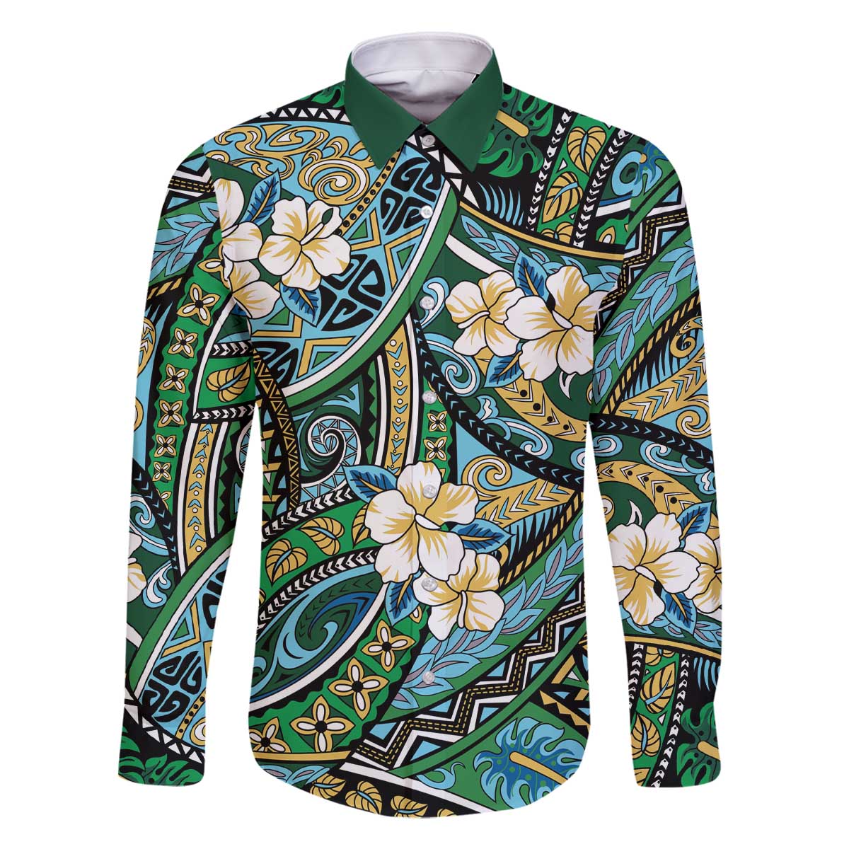Polynesian Hibiscus Tropical Green Floral Family Matching Off The Shoulder Long Sleeve Dress and Hawaiian Shirt Tribal Pattern LT01 Dad's Shirt - Long Sleeve Green - Polynesian Pride