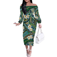 Polynesian Hibiscus Tropical Green Floral Family Matching Off The Shoulder Long Sleeve Dress and Hawaiian Shirt Tribal Pattern LT01 Mom's Dress Green - Polynesian Pride
