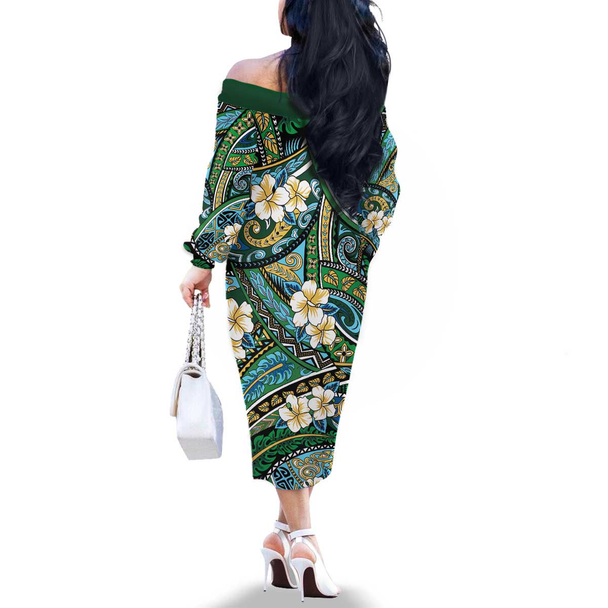 Polynesian Hibiscus Tropical Green Floral Family Matching Off The Shoulder Long Sleeve Dress and Hawaiian Shirt Tribal Pattern LT01 - Polynesian Pride