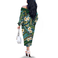 Polynesian Hibiscus Tropical Green Floral Family Matching Off The Shoulder Long Sleeve Dress and Hawaiian Shirt Tribal Pattern LT01 - Polynesian Pride