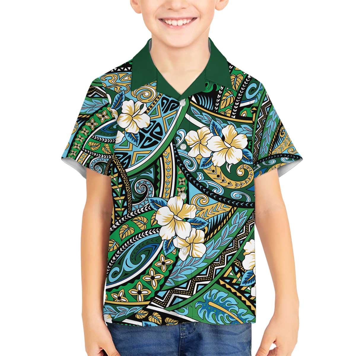 Polynesian Hibiscus Tropical Green Floral Family Matching Off The Shoulder Long Sleeve Dress and Hawaiian Shirt Tribal Pattern LT01 Son's Shirt Green - Polynesian Pride