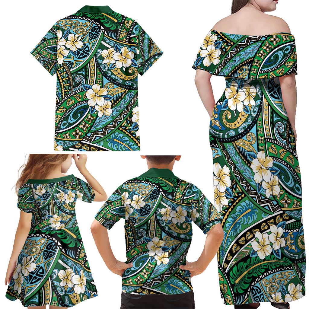 Polynesian Hibiscus Tropical Green Floral Family Matching Off Shoulder Maxi Dress and Hawaiian Shirt Tribal Pattern - Polynesian Pride