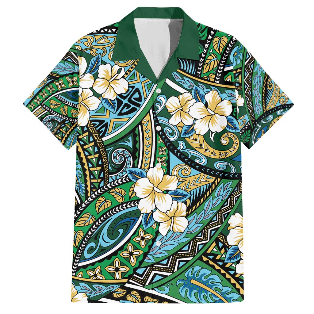 Polynesian Hibiscus Tropical Green Floral Family Matching Off Shoulder Maxi Dress and Hawaiian Shirt Tribal Pattern - Polynesian Pride