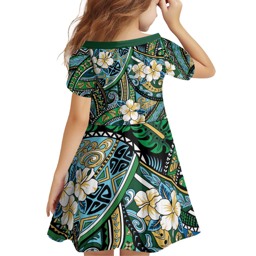 Polynesian Hibiscus Tropical Green Floral Family Matching Off Shoulder Short Dress and Hawaiian Shirt Tribal Pattern - Polynesian Pride