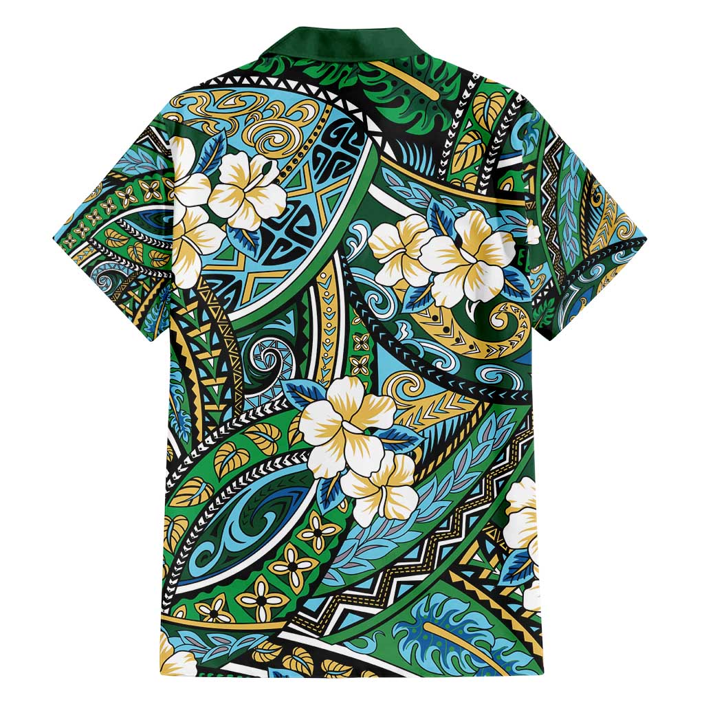 Polynesian Hibiscus Tropical Green Floral Family Matching Puletasi and Hawaiian Shirt Tribal Pattern - Polynesian Pride