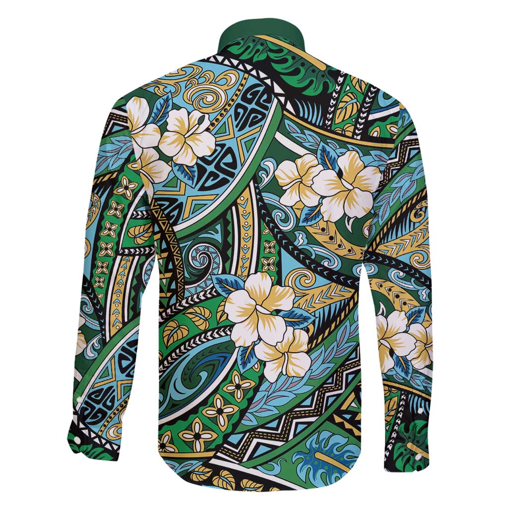 Polynesian Hibiscus Tropical Green Floral Family Matching Puletasi and Hawaiian Shirt Tribal Pattern - Polynesian Pride
