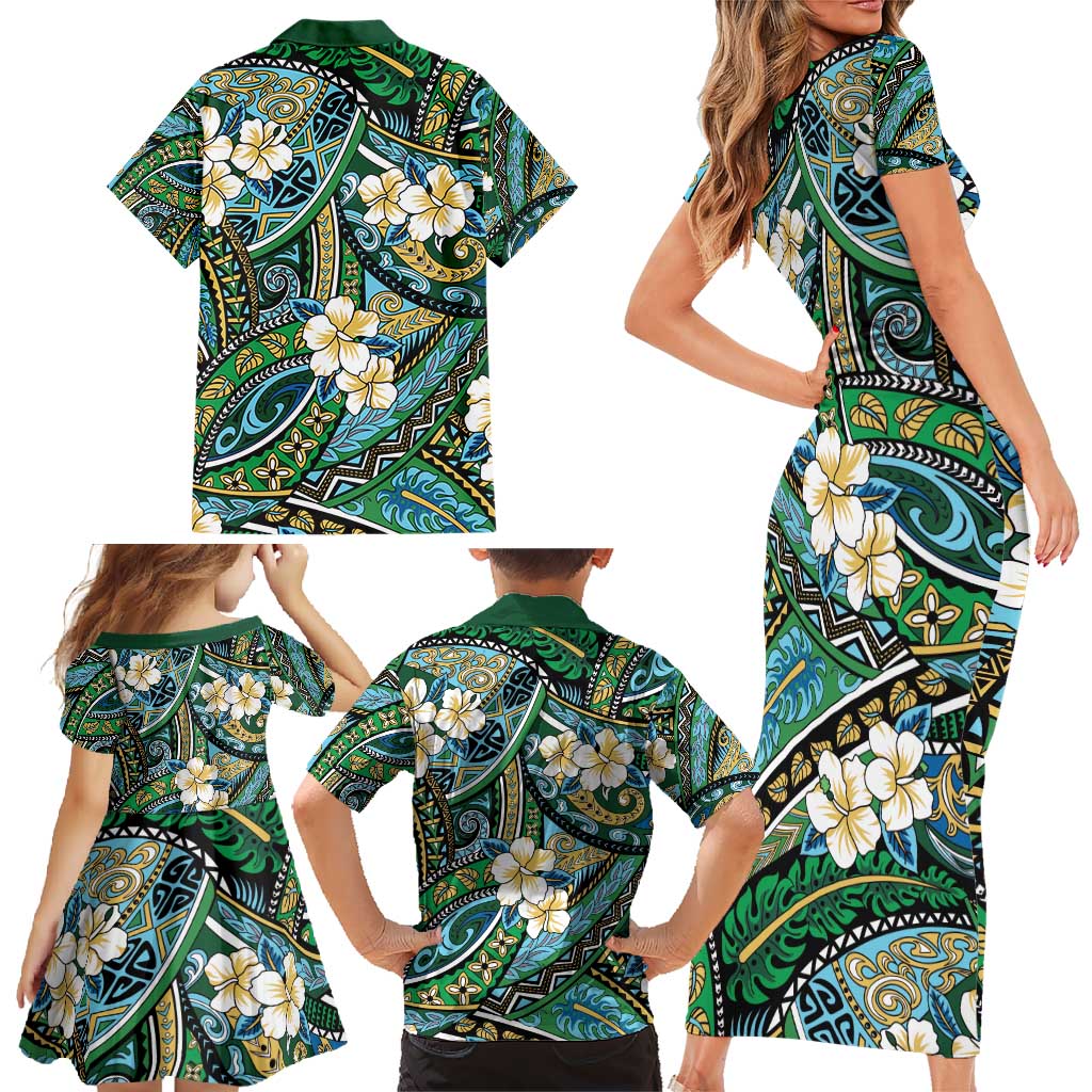 Polynesian Hibiscus Tropical Green Floral Family Matching Short Sleeve Bodycon Dress and Hawaiian Shirt Tribal Pattern - Polynesian Pride