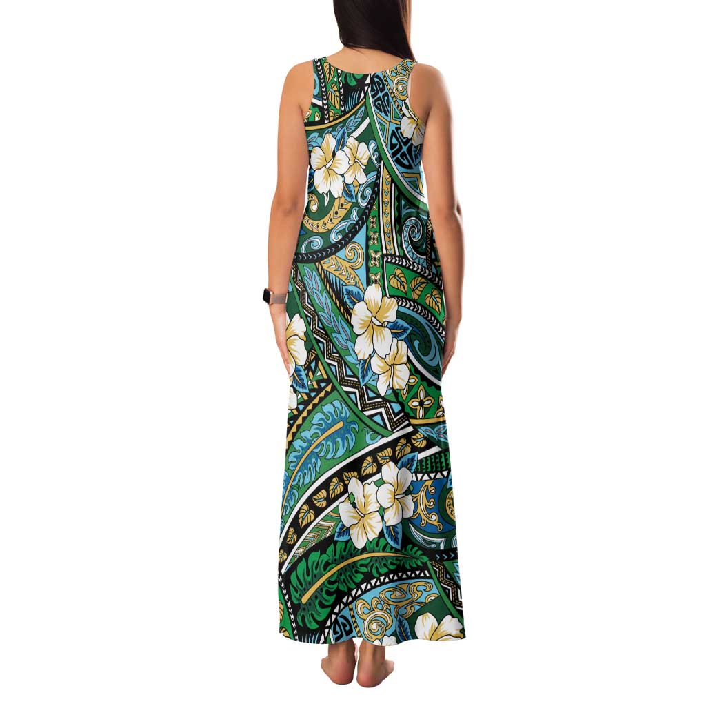 Polynesian Hibiscus Tropical Green Floral Family Matching Tank Maxi Dress and Hawaiian Shirt Tribal Pattern - Polynesian Pride