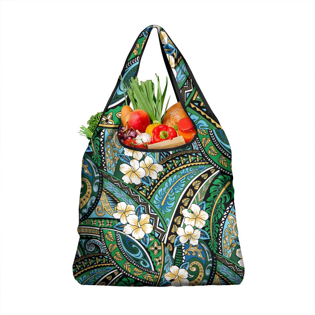 Polynesian Hibiscus Tropical Green Floral Grocery Bag Tribal Pattern - Polynesian Pride
