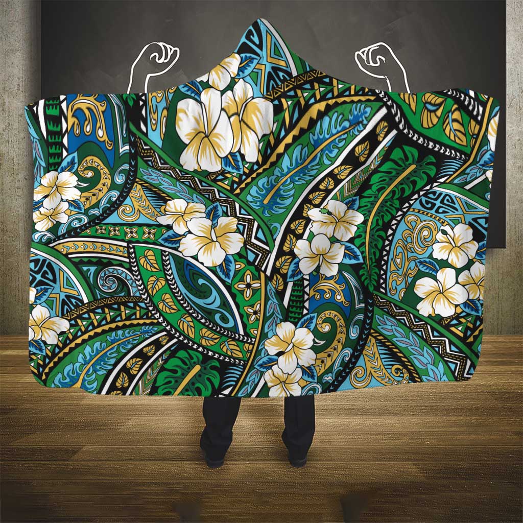 Polynesian Hibiscus Tropical Green Floral Hooded Blanket Tribal Pattern - Polynesian Pride