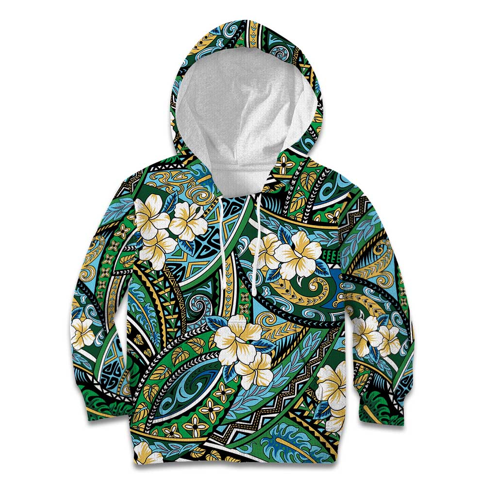 Polynesian Hibiscus Tropical Green Floral Kid Hoodie Tribal Pattern - Polynesian Pride