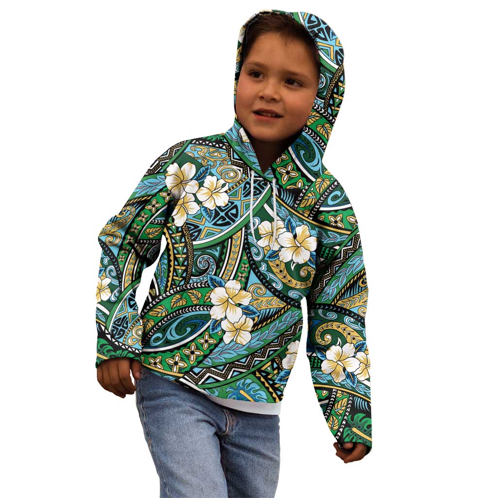 Polynesian Hibiscus Tropical Green Floral Kid Hoodie Tribal Pattern - Polynesian Pride